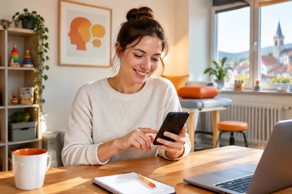 Junge Logopädin in einer hellen Praxis sieht sich auf dem Smartphone eine Karriereseite an