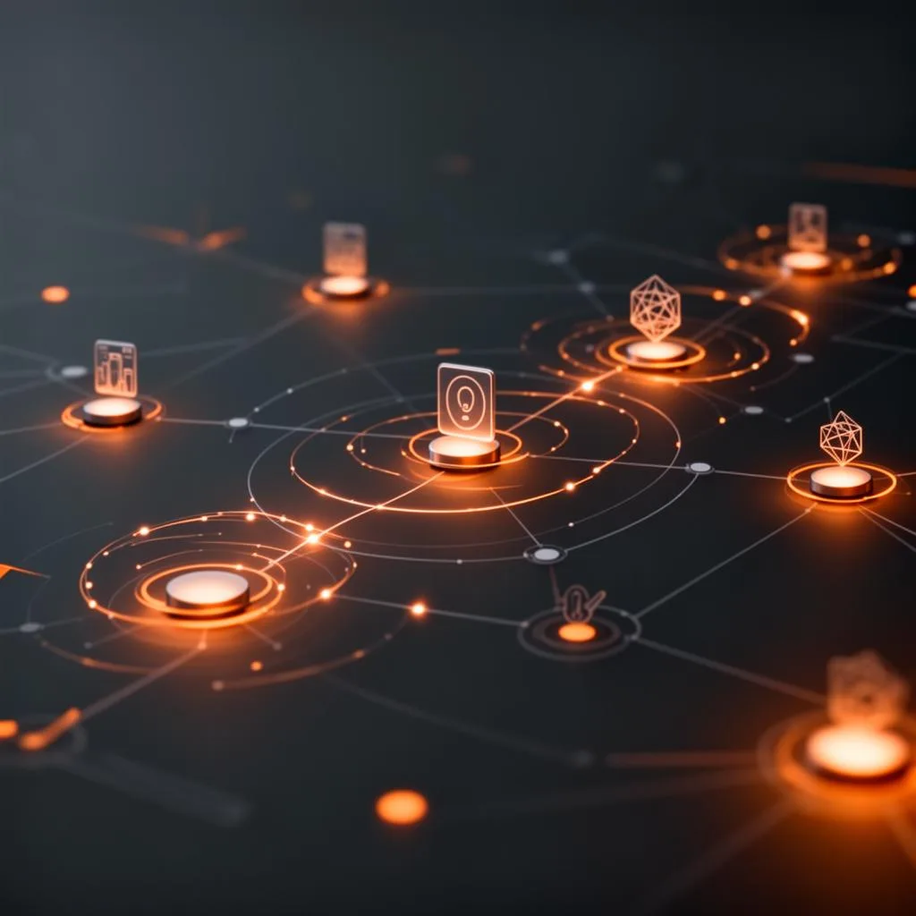 Abstrakte Darstellung vernetzter KI-Agenten mit orangefarbenen Datenflüssen