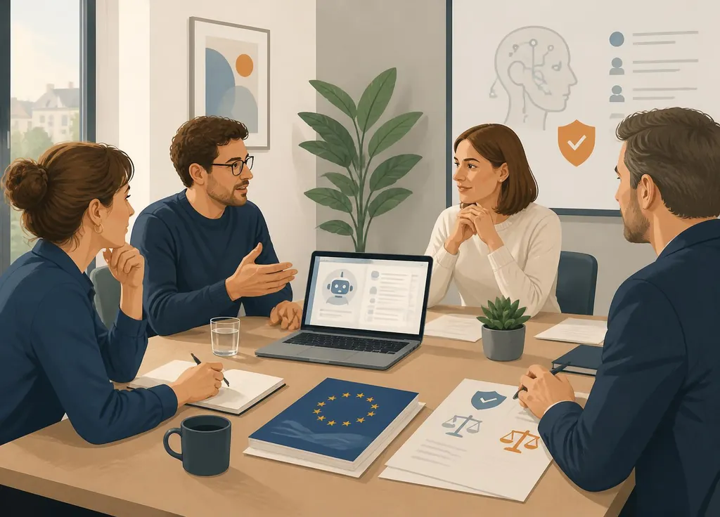 Team eines mittelständischen Unternehmens bespricht KI-Nutzung und die Vorgaben des EU AI Act