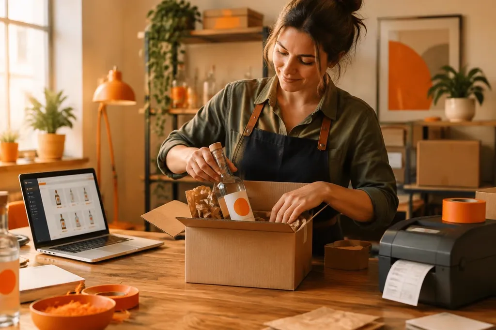 Shopbetreiberin verpackt eine Flasche für den Versand, daneben Laptop mit Shop-Übersicht und Etikettendrucker