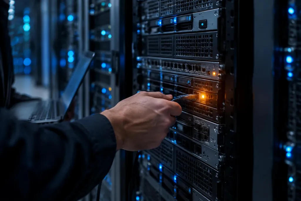 Techniker schließt einen Laptop an einen Server im Rechenzentrum an, ein Modul leuchtet orange als Warnsignal