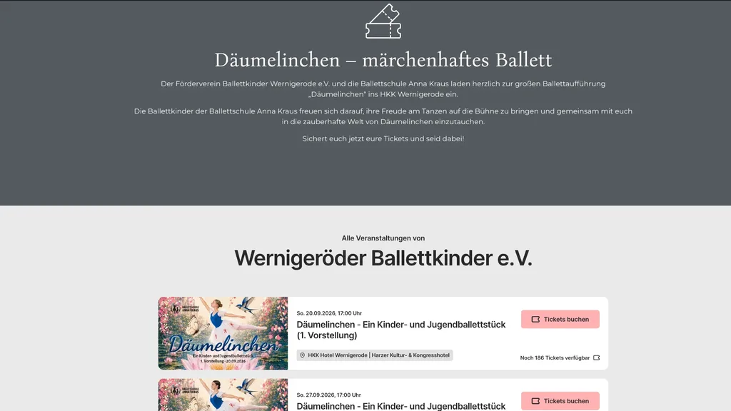 Referenzprojekt Förderverein Wernigeröder Ballettkinder e.V. – Einführung Onlineticketsystem – Vorschau der Webseite